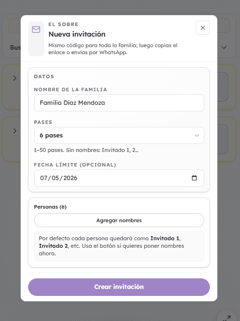 Modal para crear una nueva invitación con pases y fecha límite