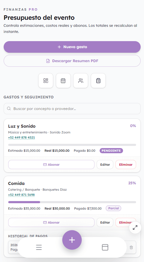 Lista de gastos y historial de pagos en el celular